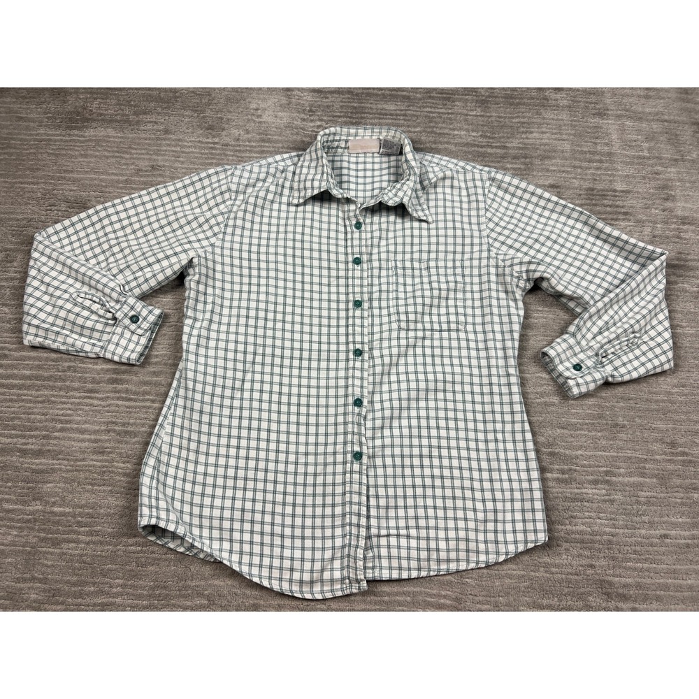 Faded Glory Shirt Womens XL White Green Plaid Button Down Cotton Long Sleeve